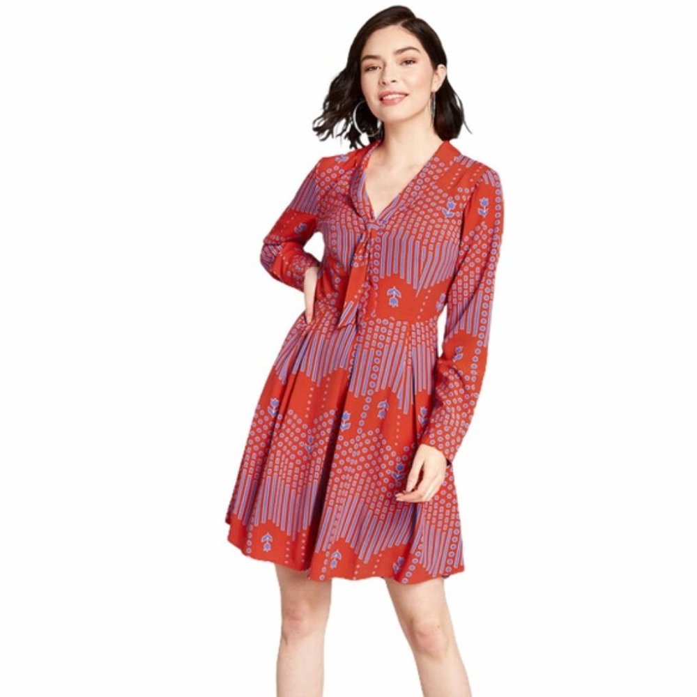 Modcloth Pleasant Confidence Tie-Neck Dress Geo